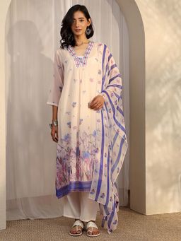 Libas - Off White Floral Printed A-Line Kurta with Pant and Dupatta