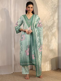 Libas - Green Floral Printed Straight Kurta with Pant and Dupatta