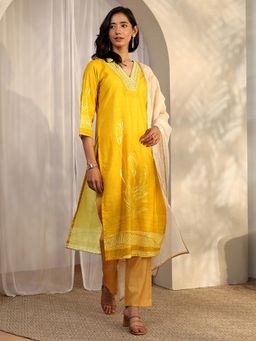 Libas - Mustard Floral Printed Kurta with Pant and Floral Dupatta