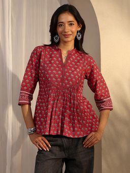 Libas - Maroon Floral Printed Panelled Pleated Short Kurti