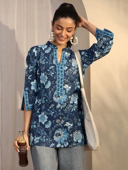 Libas - Blue Floral Printed Straight Short Kurti