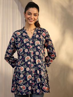 Libas - Navy Blue Floral Printed Panelled Short Kurti