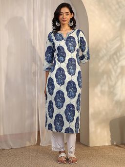 Libas - Blue Floral Printed Straight Kurta
