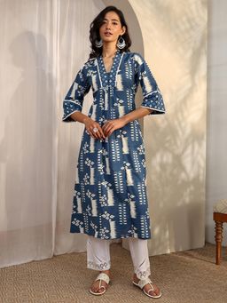 Libas - Blue Abstract Printed Front Pleated Panelled A-Line Kurta