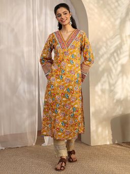 Libas - Mustard Floral Printed Gotta Patti Straight Kurta