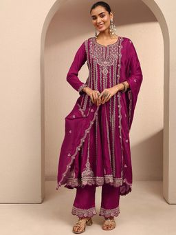 Libas Art - Purple Floral Embellished Anarkali Kurta with Wide Leg Palazzo and Dupatta