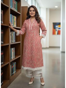 Varanga - Peach Paisley Printed Lace Embellished A-Line Kurta with Pant