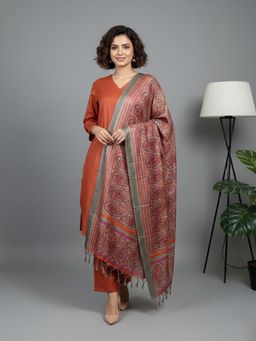 Varanga - Rust Solid A-Line Kurta Paired with Tonal Pant and Dupatta