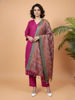 Varanga - Pink Solid A-Line Kurta Paired with Tonal Pant and Dupatta