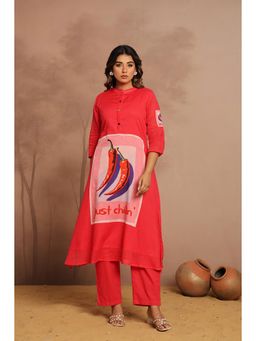 Varanga - Red Front-Graphic Button-Down Kurta with Pant