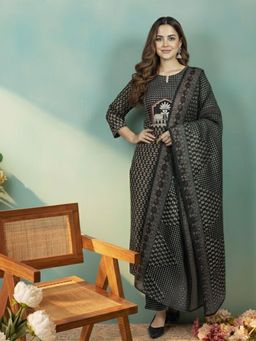 Varanga - Black Fusion Cotton Kurta with Pant and Dupatta