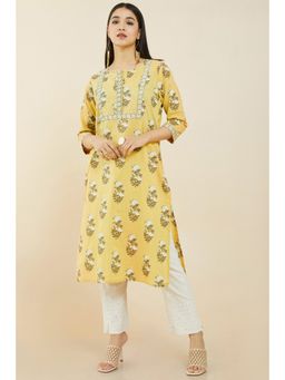 Soch - Women Yellow Cotton Floral Kurta