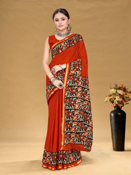 Suha - Red Floral Printed Heavy Zari Saree with Unstitched Blouse