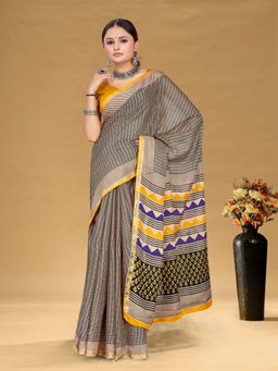 Suha - Yellow Printed Saree with Unstitched Blouse