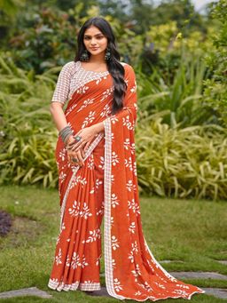 Suha - Orange Ajrakh Printed Mulmul Cotton Saree with unstitched blouse