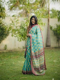 Suha - Aqua Hand Block Printed Saree with unstitched blouse