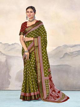 Suha - Olive Printed Saree with unstitched blouse