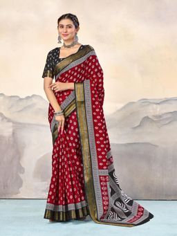 Suha - Red Printed Saree with unstitched blouse