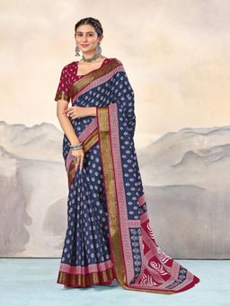Suha - Blue Printed Saree with unstitched blouse
