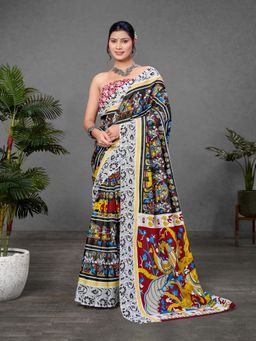 Suha - Black Kalamkari print Mul Cotton Saree with unstitched blouse