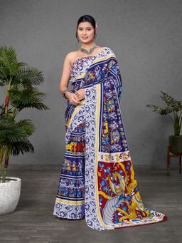 Suha - Blue Kalamkari print Mul Cotton Saree with unstitched blouse