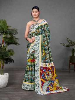 Suha - Olive Kalamkari print Mul Cotton Saree with unstitched blouse