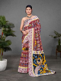 Suha - Maroon Kalamkari print Mul Cotton Saree with unstitched blouse