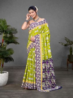 Suha - Olive Kalamkari print Mul Cotton Saree with unstitched blouse