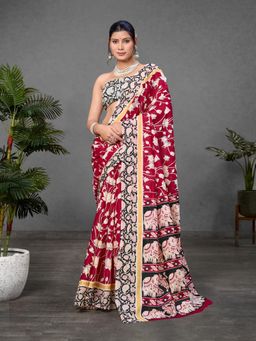 Suha - Maroon Kalamkari print Mul Cotton Saree with unstitched blouse
