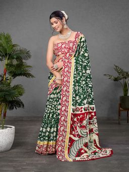 Suha - Green Kalamkari print Mul Cotton Saree with unstitched blouse