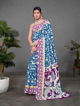 Suha - Blue Kalamkari print Mul Cotton Saree with unstitched blouse