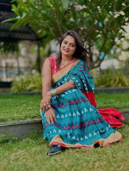 Suha - Blue Hand Block print Mulmul Cotton Saree with unstitched blouse