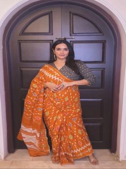 Suha - Orange Hand Block print Mulmul Cotton Saree with unstitched blouse