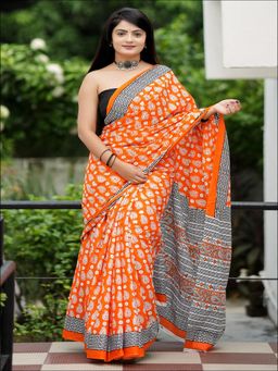 Suha - Orange Ajrakh Fancy Hand Block Mulmul Cotton Saree with unstitched blouse