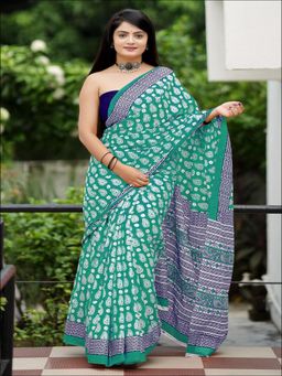 Suha - Aqua Ajrakh Fancy Hand Block Mulmul Cotton Saree with unstitched blouse