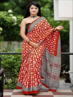 Suha - Red Ajrakh Fancy Hand Block Mulmul Cotton Saree with unstitched blouse