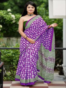 Suha - Purple Ajrakh Fancy Hand Block Mulmul Cotton Saree with unstitched blouse