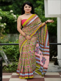 Suha - Olive Ajrakh Fancy Hand Block Mulmul Cotton Saree with unstitched blouse