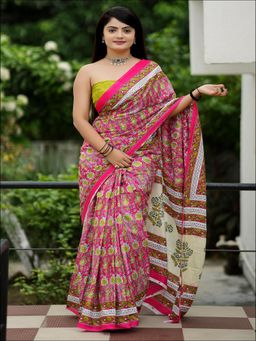 Suha - Pink Ajrakh Fancy Hand Block Mulmul Cotton Saree with unstitched blouse