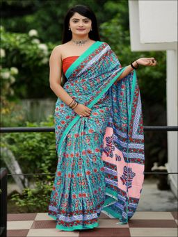 Suha - Aqua Ajrakh Fancy Hand Block Mulmul Cotton Saree with unstitched blouse