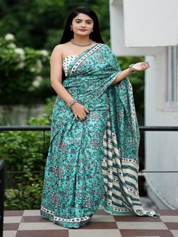 Suha - Blue Ajrakh Fancy Hand Block Mulmul Cotton Saree with unstitched blouse