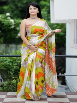 Suha - Olive Ajrakh Fancy Hand Block Mulmul Cotton Saree with unstitched blouse