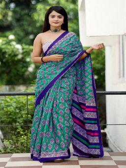 Suha - Blue Ajrakh Fancy Hand Block Mulmul Cotton Saree with unstitched blouse