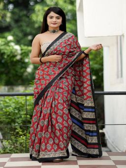 Suha - Maroon Ajrakh Fancy Hand Block Mulmul Cotton Saree with unstitched blouse