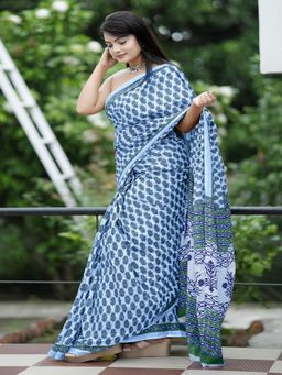 Suha - Blue Ajrakh Fancy Hand Block Mulmul Cotton Saree with unstitched blouse