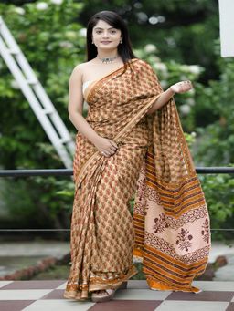Suha - Brown Ajrakh Fancy Hand Block Mulmul Cotton Saree with unstitched blouse