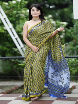 Suha - Green Ajrakh Fancy Hand Block Mulmul Cotton Saree with unstitched blouse