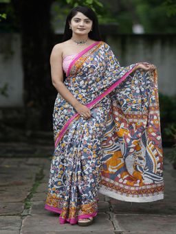 Suha - Grey Ajrakh Fancy Hand Block Mulmul Cotton Saree with unstitched blouse