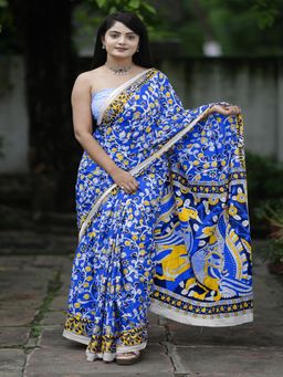 Suha - Blue Ajrakh Fancy Hand Block Mulmul Cotton Saree with unstitched blouse