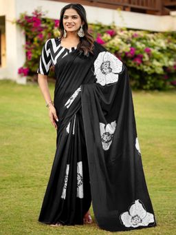 Suha - Black Pure Cotton Hand Floral Printed Saree with unstitched blouse